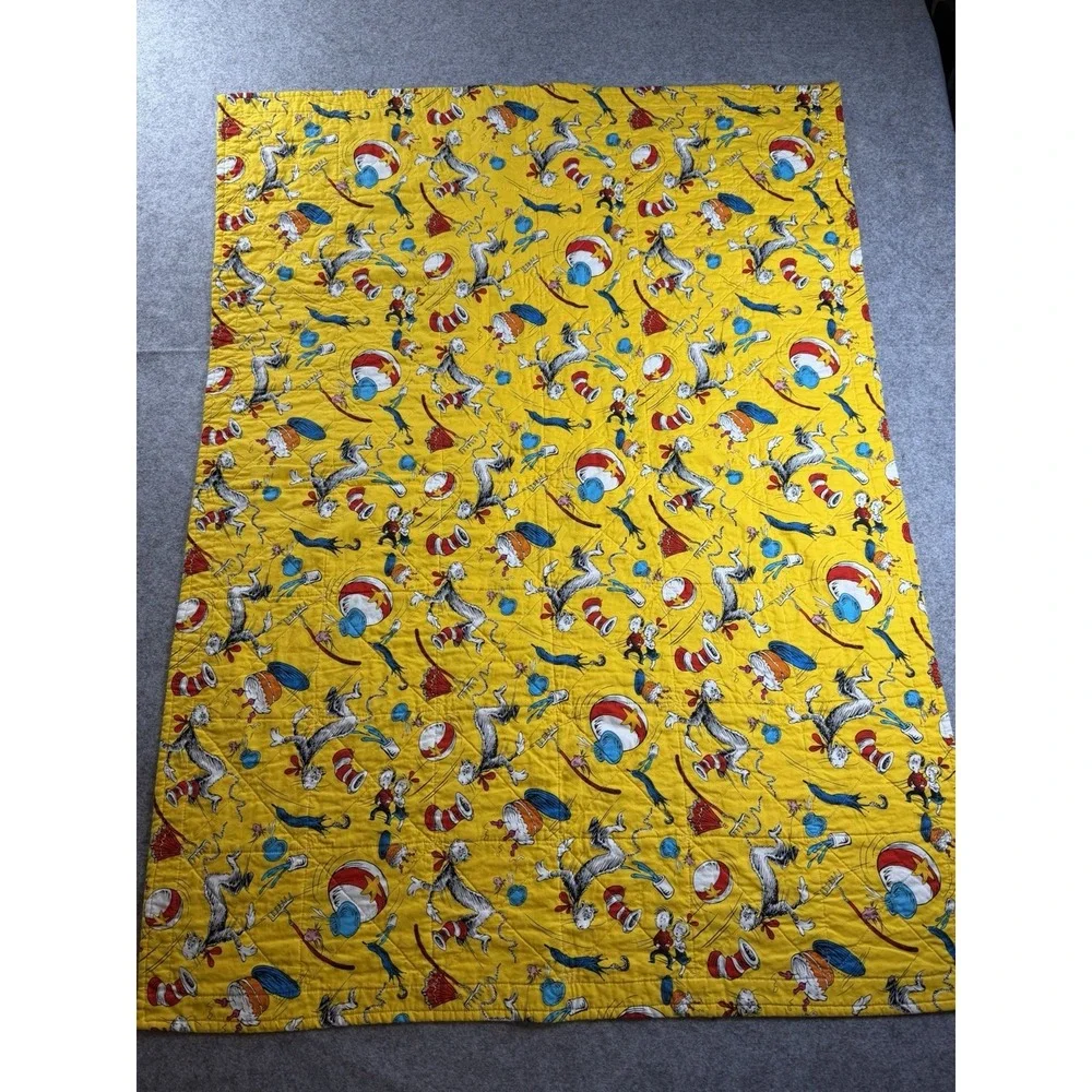 Dr. Suess Cat In The Hat Handmade Crib Tummy Time Double Sided Churn Dash Quilt